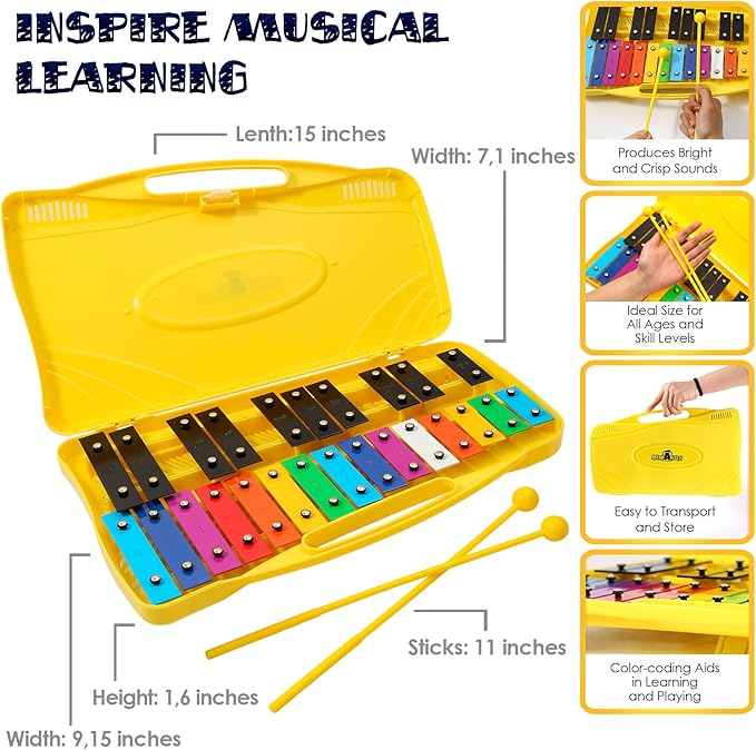 MINIARTIS Glockenspiel Xylophone | 25 Note Colorful Metal Keys Xylophone for Kids | Percussion Musical Instrument | Educational Music Toy Includes Music Songbook, Mallets and Yellow Carry Case