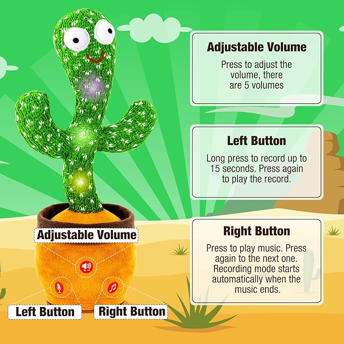 Ayeboovi Dancing Talking Cactus Baby Toys, Interactive Toy Repeating Records What You Say, Volume Adjustable Singing Cactus Toddler Toys with 120 Songs, Stocking Stuffers for Kids