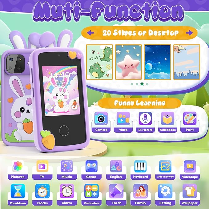 Luyiilo Kids Smart Phone Toys for Girls,Easter Gift for Kids Toys for 3-9 Girls Mini Smart Phone Toys with 2.8" Touchscreen 16 Learning Games Dual Camera Music Player, 8G SD Card