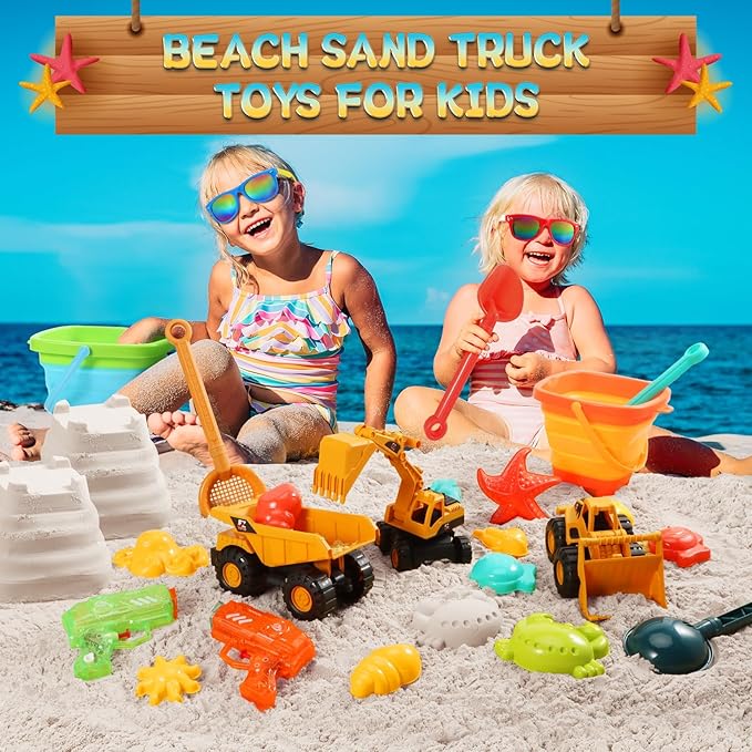 Beach Toys for Kids, Sand Toys with 2 Collapsible Beach Bucket,3 Dump Truck,2 Sunglasses,Ocean Molds,Sandbox Shovel,2 Mesh Bag Sand Castle Building Kit Travel Beach Essentials for Toddler 3-10