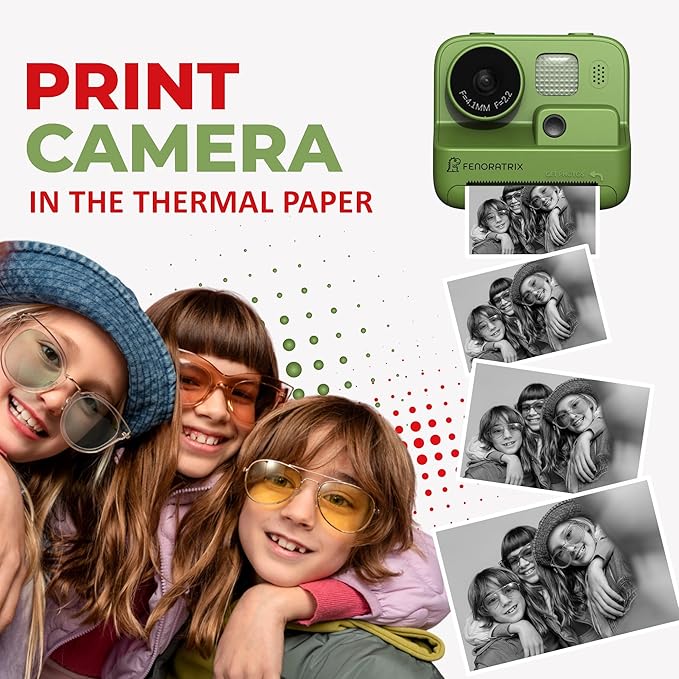 Instant Print Camera for Kids – No Ink Needed, 2.4" Screen, Selfie & 1080P Video, 10X Zoom, 3 Paper Rolls, Stickers & Markers, Fun Creative Gift for Boys & Girls Ages 3 4 5 6 7-12– FENORATRIX Green