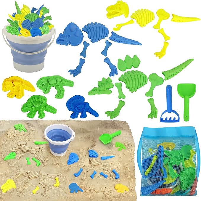 TOY Life 30 Pcs Dinosaur Fossil Beach Toys for Kids Ages 4-8 Collapsible Sand Toys with Dinosaur Toys Silicone Bucket Shovels & Dino Digging Building Kit Molds, Sandbox Toy for Summer, Travel