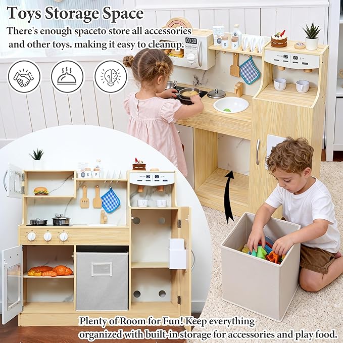 Wooden Play Kitchen set for Toddlers and Kids with Storage System,Ice Maker,Fridge,Coffee Machine,Oven,Microwave,Pretend Kitchen set for Small Spaces, Toy Kitchen Gift for Boys and Girls 3-5