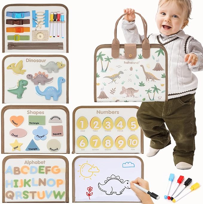 hahaland Montessori Busy Board for Toddlers Boy Toys Birthday Gift - Travel Toys - Dinosaur, Alphabet, Number, Shape, Drawing, Life Skills