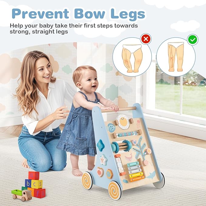 HONEY JOY Baby Push Walker, Wooden Infant Walker Activity Center with Shape Sorter, Develop Motor Skills & Creativity, Push Toys for Babies Learning to Walk, Gift for Boys & Girls