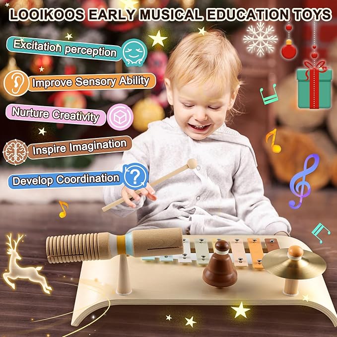 LOOIKOOS Kids Drum Set Toddler Musical Instruments Set Wooden Percussion Instrument Xylophone for Kids Montessori Toys Preschool Educational Musical Toys