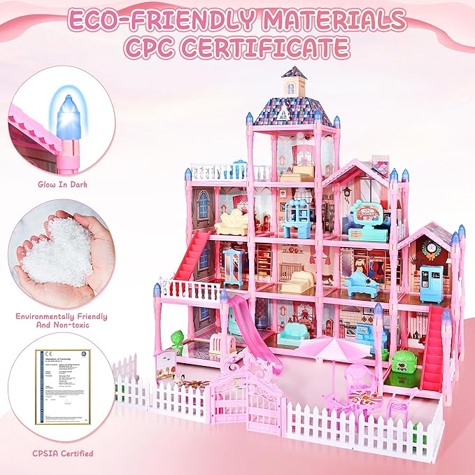13 Rooms Doll House for Girls, DIY Play House Toys with Dolls Figure, Puppies,Furnitures, Glow-in-The-Dark Accessories, LED Light, Kids Doll House Gift Toy for Kids Ages 3 4 5 6 7 8+