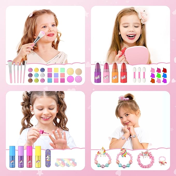 PERRYHOME Kids Makeup Set for Girls, 63 Pcs Washable Non-Toxic Real Cosmetic Toddler Makeup Kit, Unicorn Princess Play Makeup Toys Birthday Gifts, Dress up Time Girl Toys for 3 4 5 6 7 8 9 10 11 12