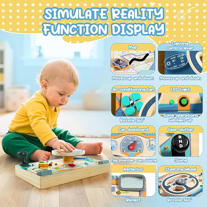 Busy Board Montessori Toys for 1 2 3 Year Old, Wooden Toddler Sensory Toy Busy Board with LED Lights Sound Switch, Toddlers Activity Travel Toy, Steering Wheel Toddler Toys Christmas Gift for Boy Girl