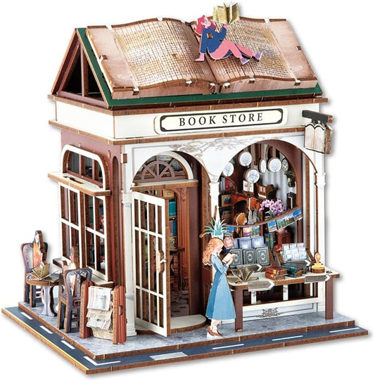 Book Nook Kit - DIY Miniature House Kit for Adults, Dollhouse Booknook Tiny House Bookshelf Decor 3D Wooden Puzzle Street Model, Ideal Gift for Book Lovers, Family, Friends (Book Store)