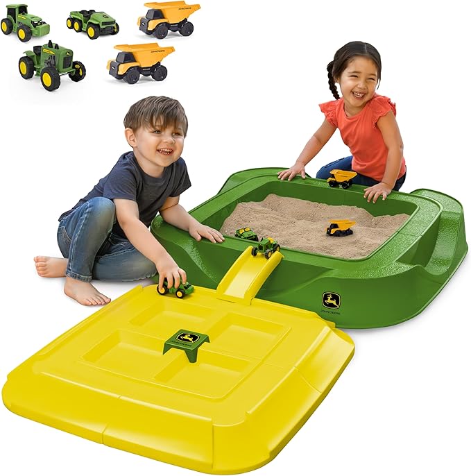 John Deere Sandbox Playset with Protective Cover, Includes 5 Realistic Trucks & Tractors, Perfect Outdoor Sand Toy for Kids, Imaginative Play & Active Backyard Fun