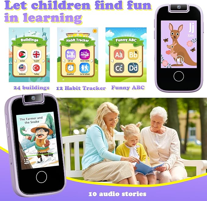 PTHTECHUS Kids Phone Toys for Girls Boys - Toddler Touchscreen MP3 Music Player with Dual Camera, Habit Tracker, Games, Alphabet, Educational Learning Toys Birthday Easter Gifts for 3-7 with SD Card