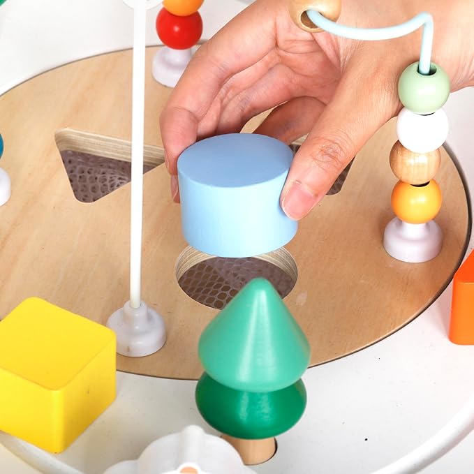 Baby Activity Cubes for Kids,Toddler Activity Cubes&Activity Center Table with Wooden Bead Mazes，Mini Toy Car,Gears&Blocks|Wooden Desk Play Table as Montessori Toy for 1 Year Old Boy Girl