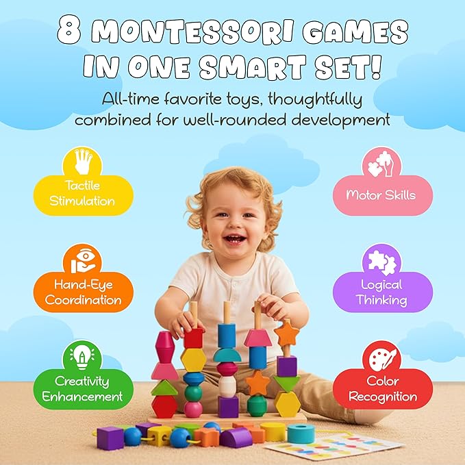 8-in-1 Busy Hands Fine Motor Skills Toys Kit for Toddler, Montessori Toys Set for 3+ Years Old, Learning & Education Toys, Color Shape Sorter, Stacking Toys, STEM, Wooden Toys