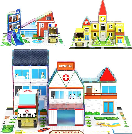 PicassoTiles 3-in-1 Theme Set School Hospital Police Station Magnet Self Adhesive Backing Stick-On Sheet Combo w/Car Magnet Building Block Playset STEM Learning Construction Brain Development Kit