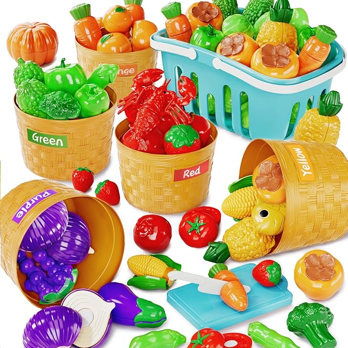 Toddler Toys Play Food Set, Learning Toy Cutting Food with Color Sorting Basket, Pretend Play Kitchen for Toddler 1-3 Preschool Learning Activities Montessori Toys for 1 2 3 Year Old Toddlers Kids