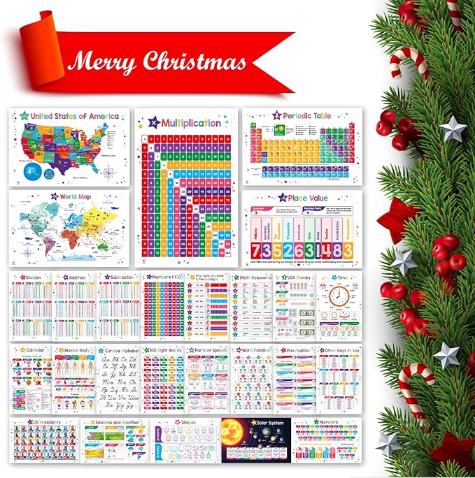 26 Set of 50 Educational Posters for Kids - Multiplication Chart, Alphabet, Periodic Table, Solar, USA, World, Map, Sight Words, Homeschool Supplies, Classroom Decorations - Laminated & Flat, 17x11