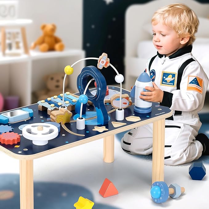 10-in-1 Wooden Activity Table for 1 Year Old | Montessori Baby Standing Activity Center & Sensory Play Cube with Xylophone, Rocket Blocks, Bead Maze, Mirror, Shape Sorter – Space Theme