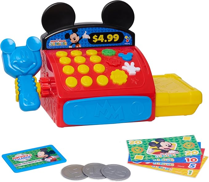 Disney Jr. Mickey Mouse Clubhouse Cash Register with Sounds, Phrases, and Pretend Play Money, 10-Pieces, Holiday Stocking Stuffers, Gifts, Presents, Ages 3 and Up by Just Play