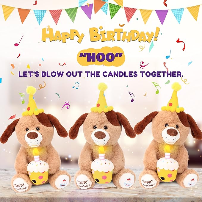Hopearl Adorable Happy Birthday Dog with Glowing Cupcake Musical Stuffed Animal Puppy Singing and Shaking Plush Toy Interactive Animated Kids Gifts, Brown, 15''