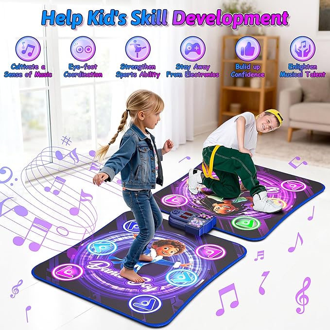 ANNKIE Dance Mat Toys for 3-12 Year Old Kids, 2-Player Dance Pad for Grils Boys with Light Up 12-Buttons, Music Dance Toy with 5 Modes Game, Birthday Xmas Gifts for 3 4 5 6 7 8 9 10+ Year Old Kids