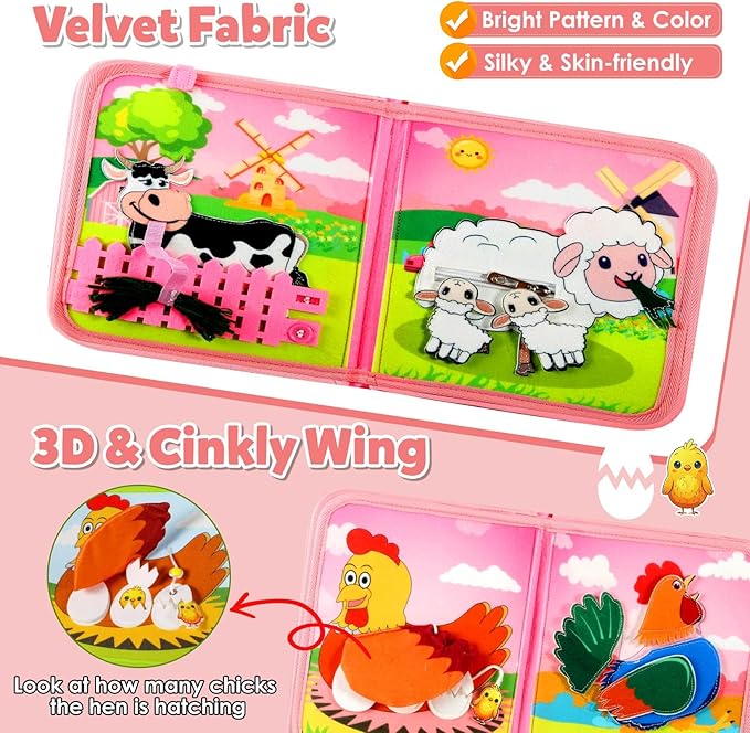 GOLIYEAN Montessori Busy Book for Toddlers 1-3, Busy Board Montessori Toys for 1 Year Old Girl Birthday Gifts, Educational Learning Sensory Activity Books, Quiet Book Travel Toys for Airplane Car