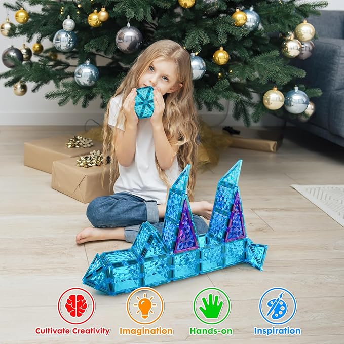 Magnetic Tiles Frozen Castle Magnetic Tiles - 3D Diamond Building Blocks, STEM Educational Kids Toys for Pretend Play, Birthday Gifts Montessori Sensory Educational Magnet Toys