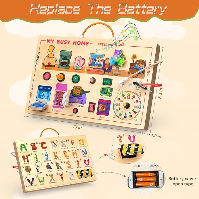 My Busy Home Montessori Busy Board for Toddlers 1-3, Wooden Sensory Activity Board with Switches, Lights, Clock, Kitchen Appliances Toys, Educational Busy Board for 1+ Year Old Boys Girls