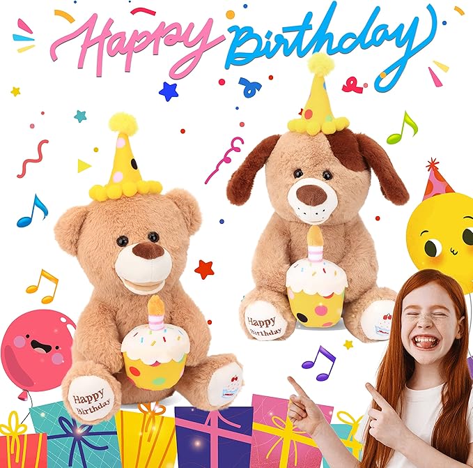 Hopearl Adorable Happy Birthday Teddy Bear with Glowing Cupcake Musical Stuffed Animal Bear Singing and Shaking Plush Toy Interactive Animated Kids Gifts, Brown, 15’’