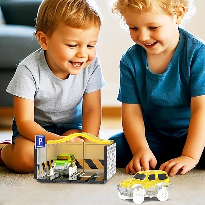 PicassoTiles Magnetic Tiles Race Car Track Kit Parking Garage Expansion Pack with 2 Cars Magnet Tile Building Blocks Educational Toy Learning Kit Pretend Play Construction Set Kids Child Ages 3+ PTR07