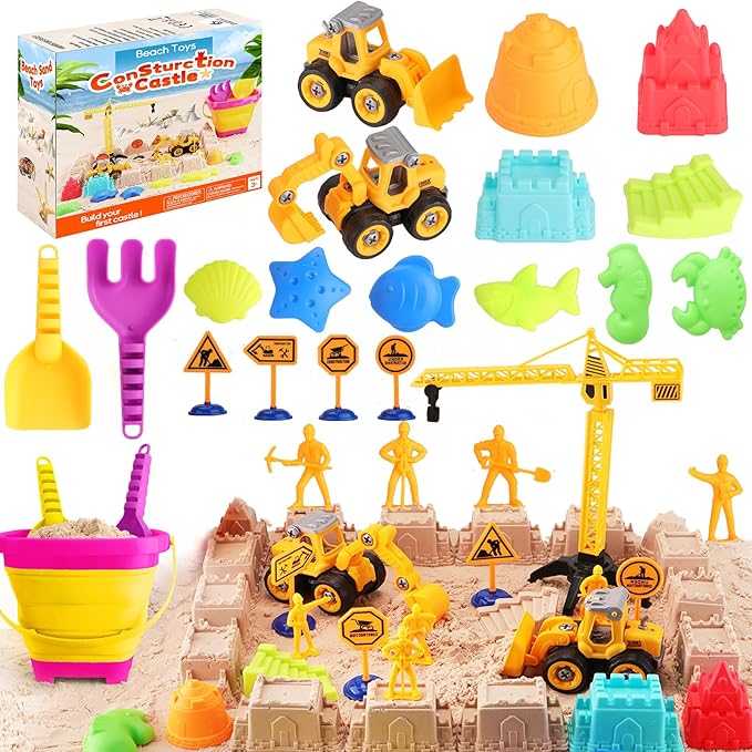 Beach Sand Toys for Kids: Sand Castle Toys with 2 Construction Trucks, Collapsible Beach Bucket, Shovel Set and Castle Builiding Kit, Sandbox Toys for Toddlers Girls Boys
