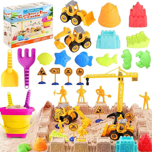 Beach Sand Toys for Kids: Sand Castle Toys with 2 Construction Trucks, Collapsible Beach Bucket, Shovel Set and Castle Builiding Kit, Sandbox Toys for Toddlers Girls Boys
