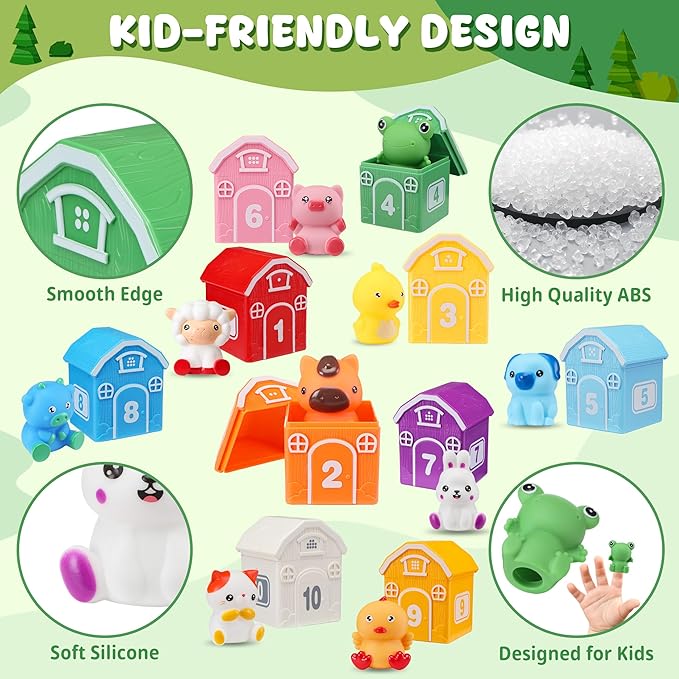 Montessori Toys for Toddlers, 20Pcs Farm Animal Toy Counting, Matching, Sorting Preschool Learning Toy Barn including 10 Barns,10 Finger Puppets and 2 Stickers Birthday Gift for Baby Boys Girls