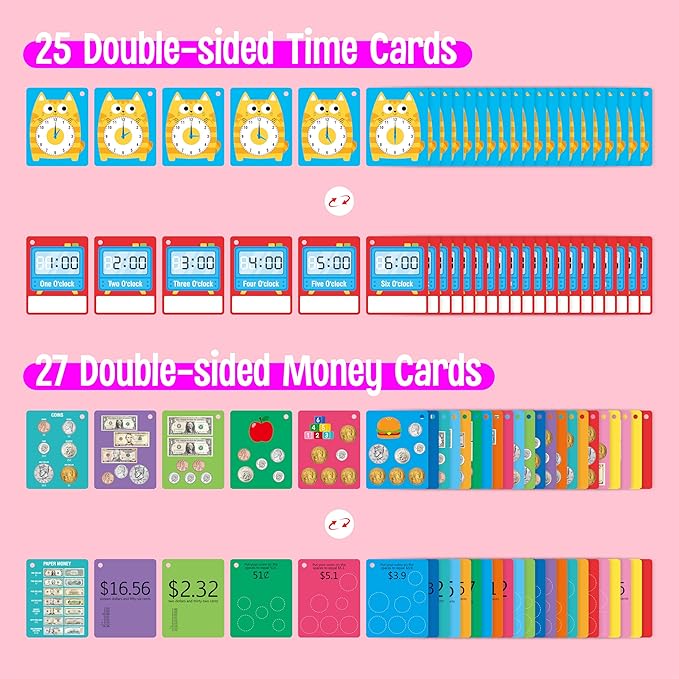 52 PCS Time & Money Flashcards, Double Sided Cognition Cards-Coin Value, Coin Combinations, Counting Coins, Telling Time, Reading Clocks, Learning Tool for Kids Ages 6+ Kindergarten Toddlers