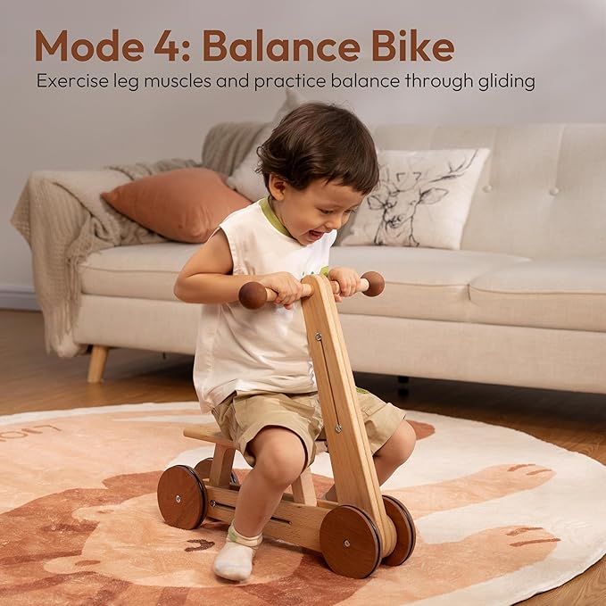 Woodtoe Wooden Baby Walker, 4-in-1 Montessori Baby Push Walker, Adjustable Speed Baby Push Toys, Wood Balance Bike, Educational Learning to Walk Christmas Toys for Toddler 1 2 3, 1st Birthday Gift