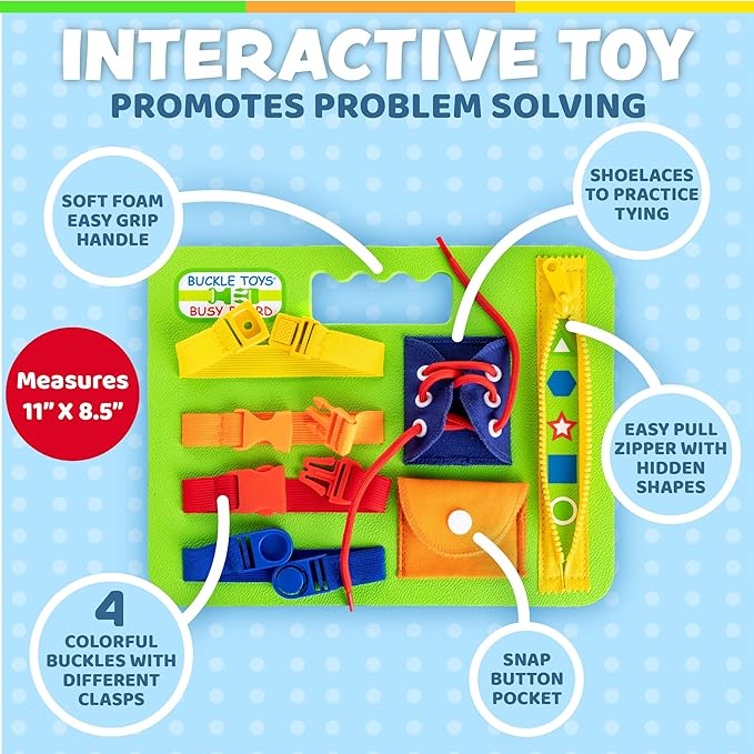 Buckle Toys Green Busy Board for 1 Year Old Toddlers Travel Essentials for Kids, Montessori Toys for 1 Year Old Baby to Develop Fine Motor Skills, Great for Road Trip Activities for Kids Sensory Toy