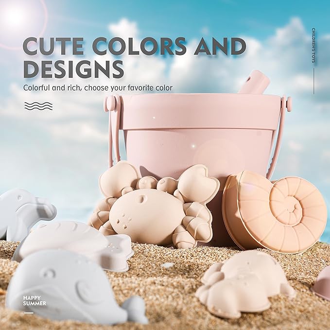 MarcZero 11Pcs Silicone Beach Toys,Modern Baby Beach Toys,Travel Friendly Beach Set,Silicone Bucket, Shovel, 8 Sand Molds, Beach Bag,Silicone Sand Toys for Toddlers, Kids (Pink)