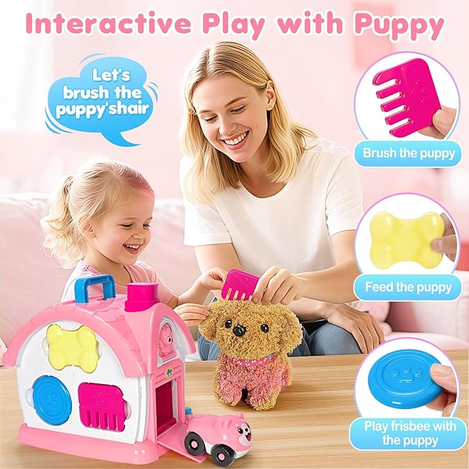 Montessori Toys for 1 2 3 Year Old Girl Gifts, Baby Musical Toys 12 18+ Months, 10 in 1 Bilingual Learning Toy with Sound Light, Cute Toy with Plush Puppy, First Birthday for Toddlers