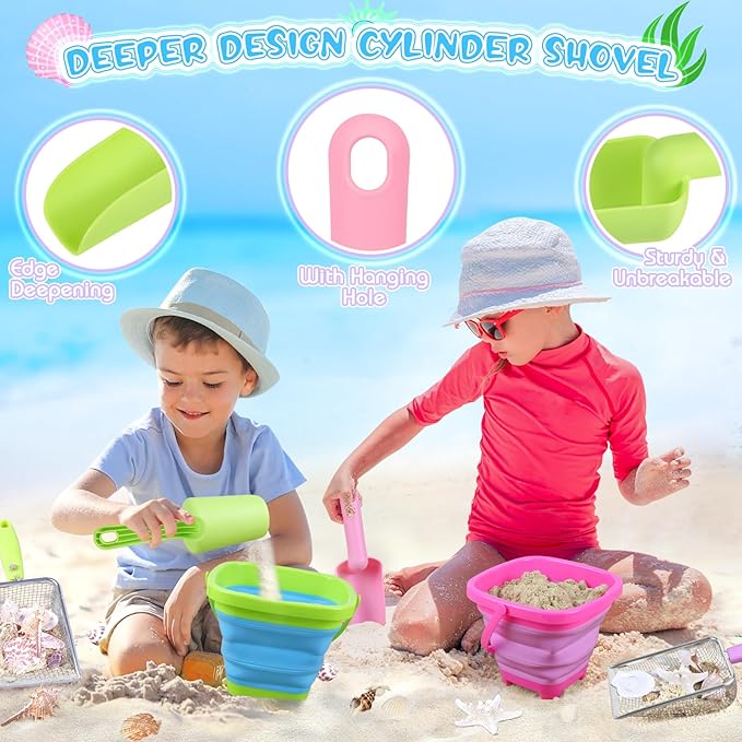 Beach Toys, Sand Toys with 2 Collapsible Beach Bucket and Beach Mesh Shovel, Sand Shovel, Shark Tooth Sifter and Mesh Bag for Shell Collecting, Sand Dipper Beach Scoop for Kids Boys Girls