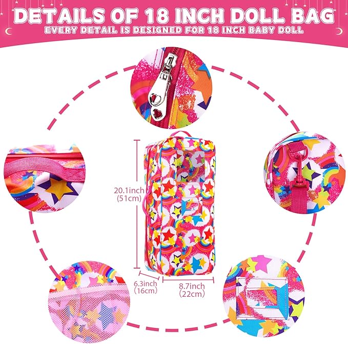 K.T. Fancy 6 Pcs 18 Inch Doll Carrier Bag Set and Accessories Including Girl Doll Clothes, Hair Clip, Picnic Blanket, Mini Toy Camera