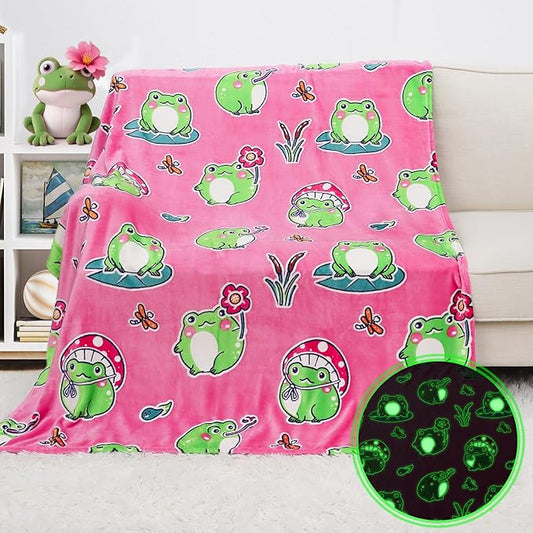 Frog Gifts Toys for Girls Women - Glow in The Dark Kids Blankets for Girls Soft Cozy Pink Frog Throw for Bedroom Decor Birthday Presents for Kids 50x60 Inch