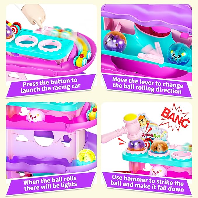 Funwee 2-in-1 Ball & Racing Car Ramp Toy for Toddlers, Race Track Hammer Rolling Lights Ball Drop, Interactive Montessori Learning Game Birthday Gift Idea for Kids 2 3 4 5+Year Old Girl Boy(Pink)