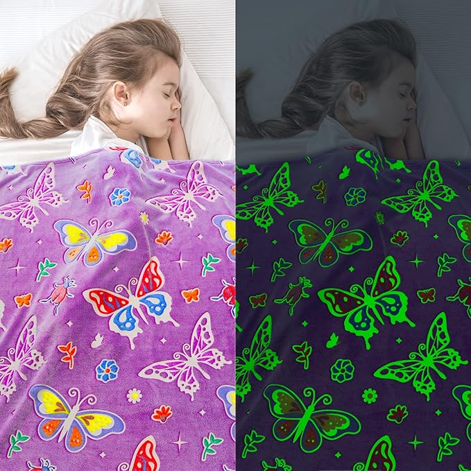 Butterfly Blanket Glow in The Dark Blanket Gifts for Girls, Toys for 1 2 3 4 5 6 7 8 9 10 Year Old Girls Birthday Gifts Butterfly Gifts for Adults Kids,Soft Warm Kids Throw Blanket 80"x60"