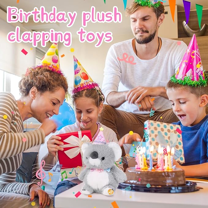 Birthday Koala Plush Toy Clap Activated with Voice Recording Singing Dancing Interactive Stuffed Animal Gift for Toddler Kids Boys Girls