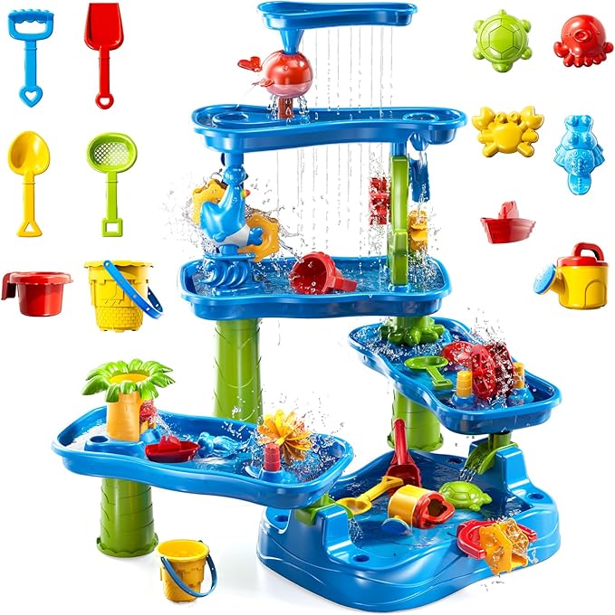 5-Tier Water Table for Toddlers Kids 3-5 4-8, Sand and Water Play Set with Rain Showers Pond, Summer Outdoor Toys Beach Toys Water Sensory Table, Birthday Party Gifts for Kids Boys Girls