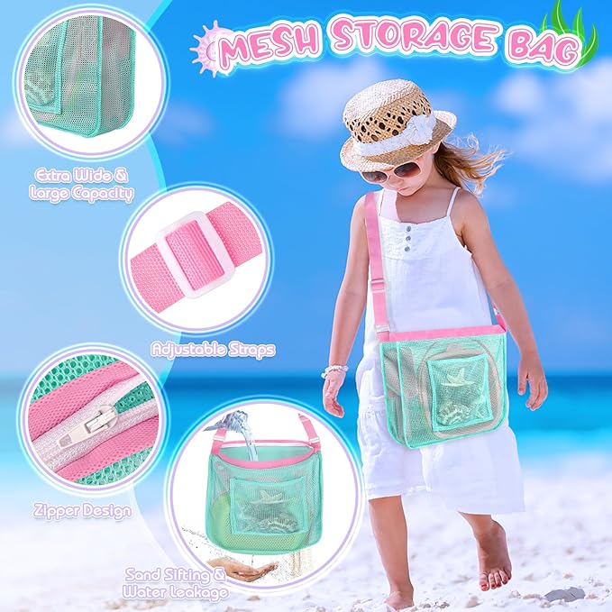Beach Toys, Sand Toys with Collapsible Beach Bucket, Sand Sifter, Beach Mesh Shovel, Shark Tooth Sifter and Mesh Bag for Shell Collecting, Sand Dipper Beach Scoop for Kids Adults Boys Girls