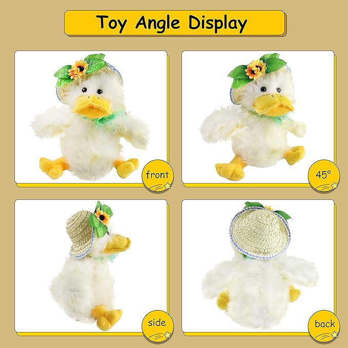 Houwsbaby 12" Electronic Duck Music Dancing Stuffed Animal Singing You are My Sunshine Waving Interactive Duck Plush Toy with Straw Hat for Boys Girls Kids Easter Birthday