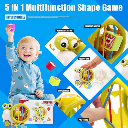 Activity Cube Baby Toys, 5 in 1 Montessori Sensory Toy for 1-3, Infant Toy with Shape Sorter & Silicone Pull String, Snail Push-to-go Car Seat Airplane Travel Toy Gift for Boy Girl