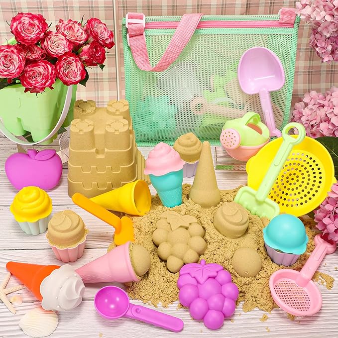 Tagitary Beach Sand Toys for Kids, Beach Toys 23PCS Set with Ice Cream Cake Sand Molds, Mesh Beach Bag, Bucket, Watering Can, Shovel, Rake - Ideal for Toddler Sandbox, Outdoor Play and Beach Travel