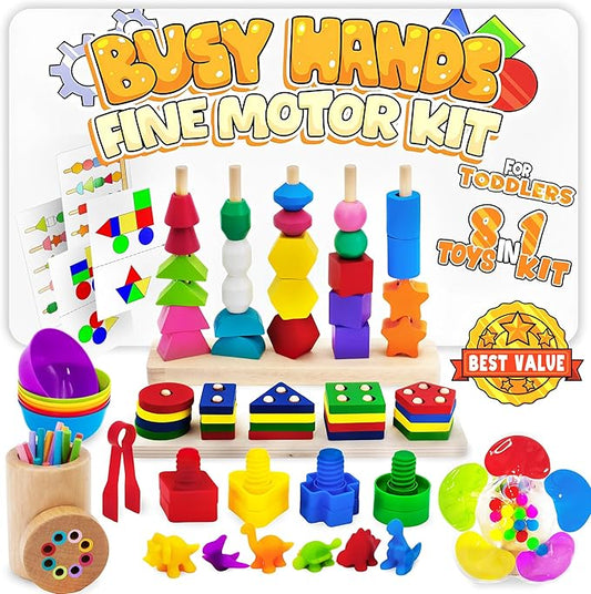 8-in-1 Busy Hands Fine Motor Skills Toys Kit for Toddler, Montessori Toys Set for 3+ Years Old, Learning & Education Toys, Color Shape Sorter, Stacking Toys, STEM, Wooden Toys